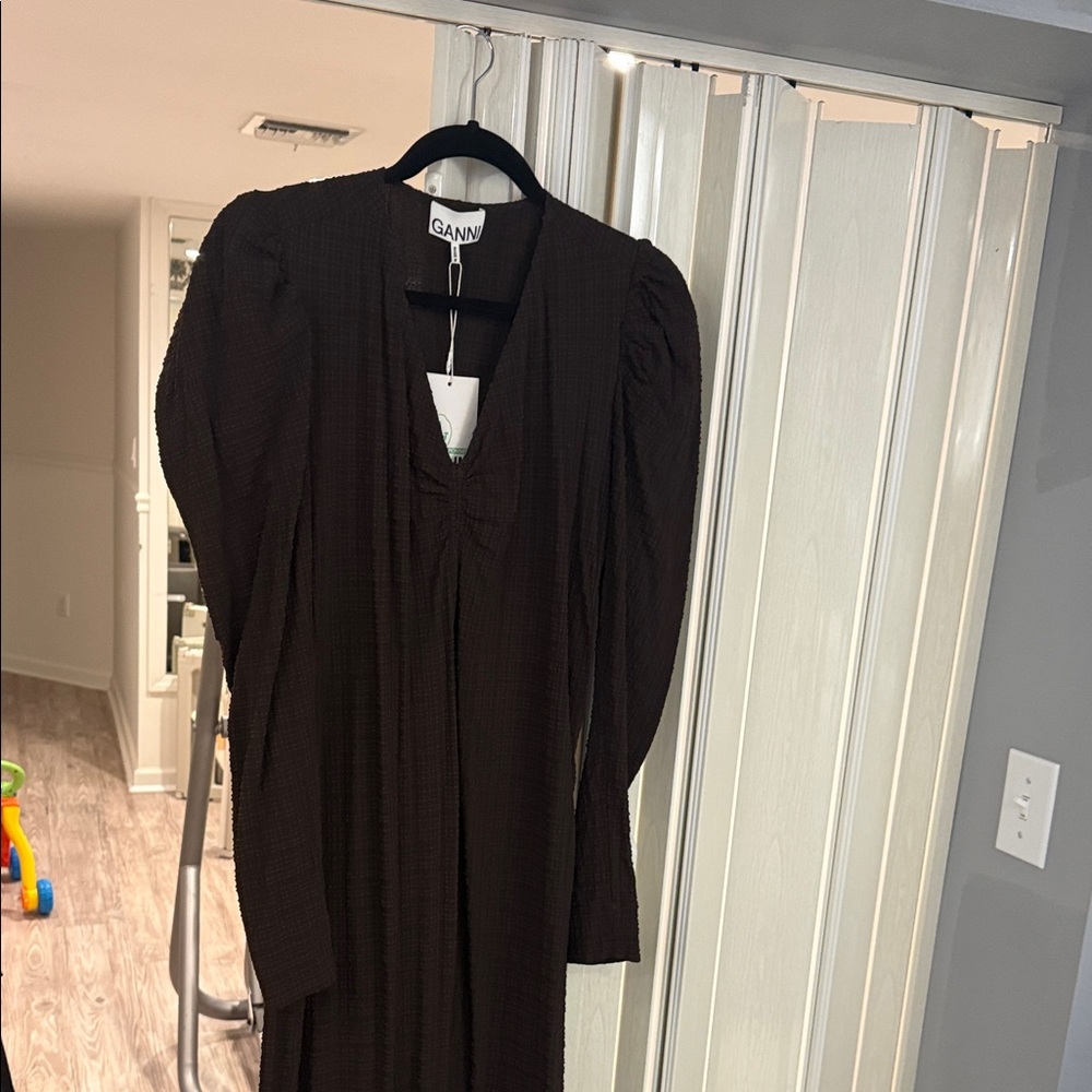 Ganni Women's Elegant Brown Long Sleeve maxi Dress with ruching